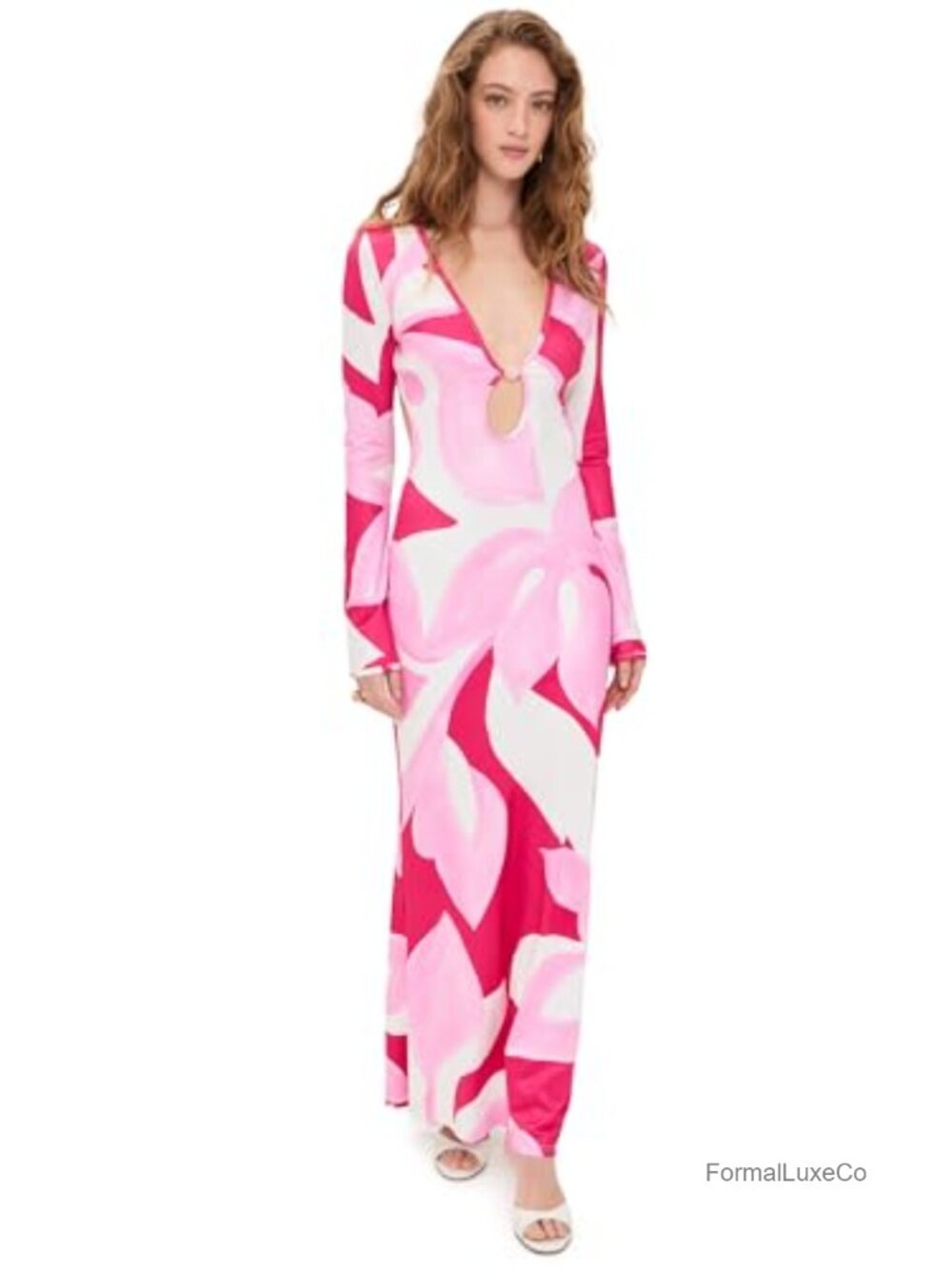 Long Sleeve V-Neck Maxi Dress with Bead Embellishment & Open Back